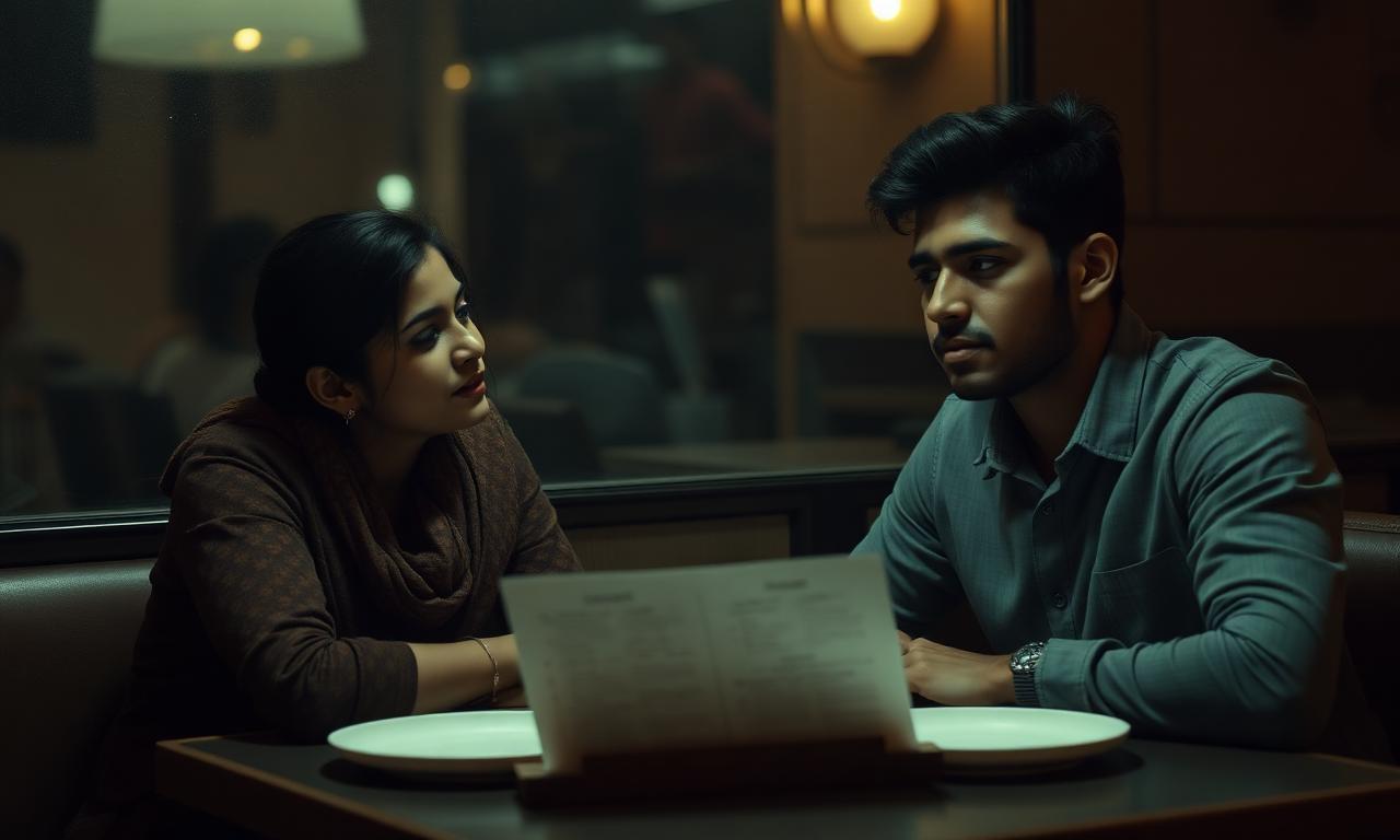 A couple in soft restaurant light with a menu between them.