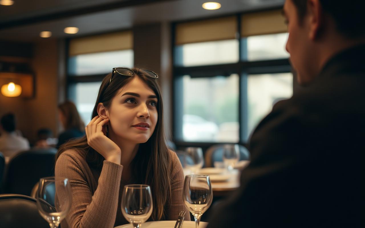 A person quietly explaining their dietary needs at a table, holding a menu.