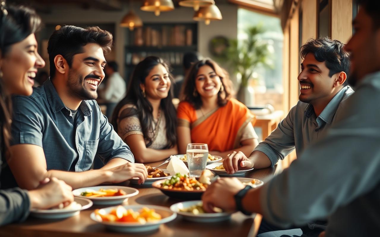Friends sharing a meal together — belonging, not just safety.
