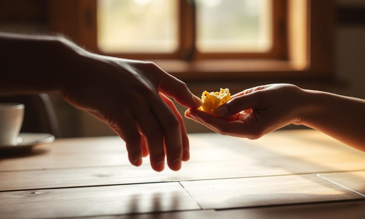 A hand gently declining a piece of food offered across a wooden table.