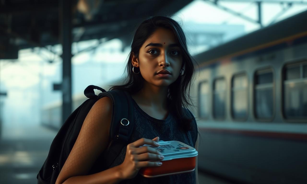 A young woman waiting on a quiet train platform with a packed lunch.