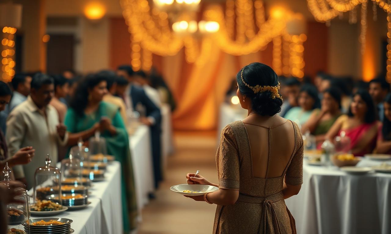 A woman holding a near-empty plate at a glowing Indian wedding buffet.